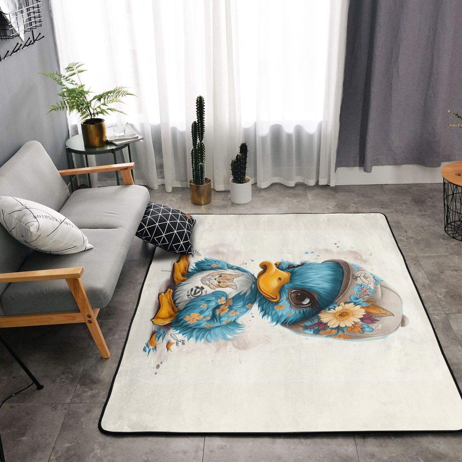 Tapis d'intérieur doux lavable pour chambre à coucher, salon – Motif tournesol mignon bleu canard 160 x 121 cm