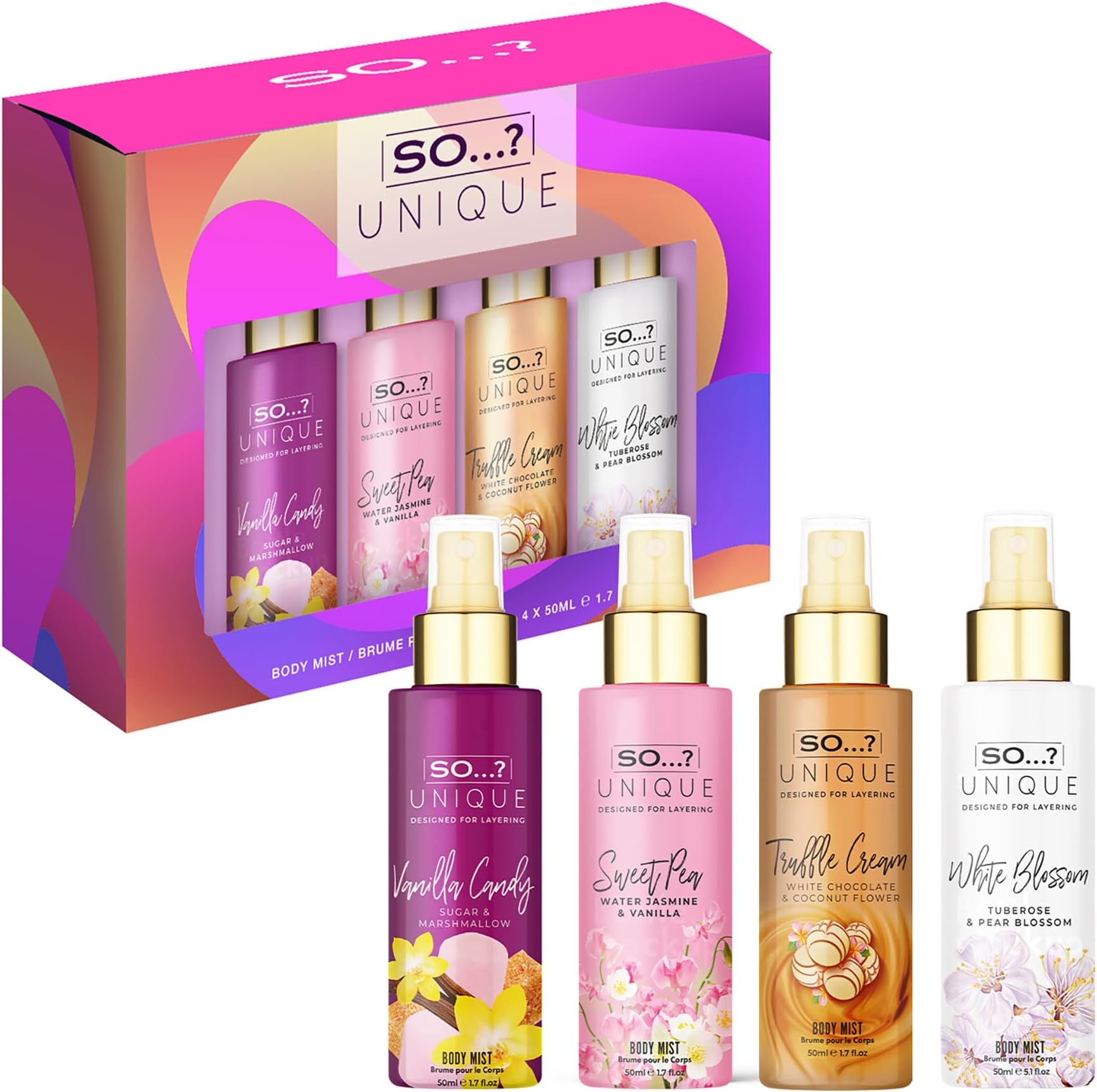 Unique Mini Mist Womens Gift Set with Vanilla Candy, Sweet Pea, Truffle Cream, & Cashmere, Body Mist Fragrance Spray Set (4 x 50ml.)
