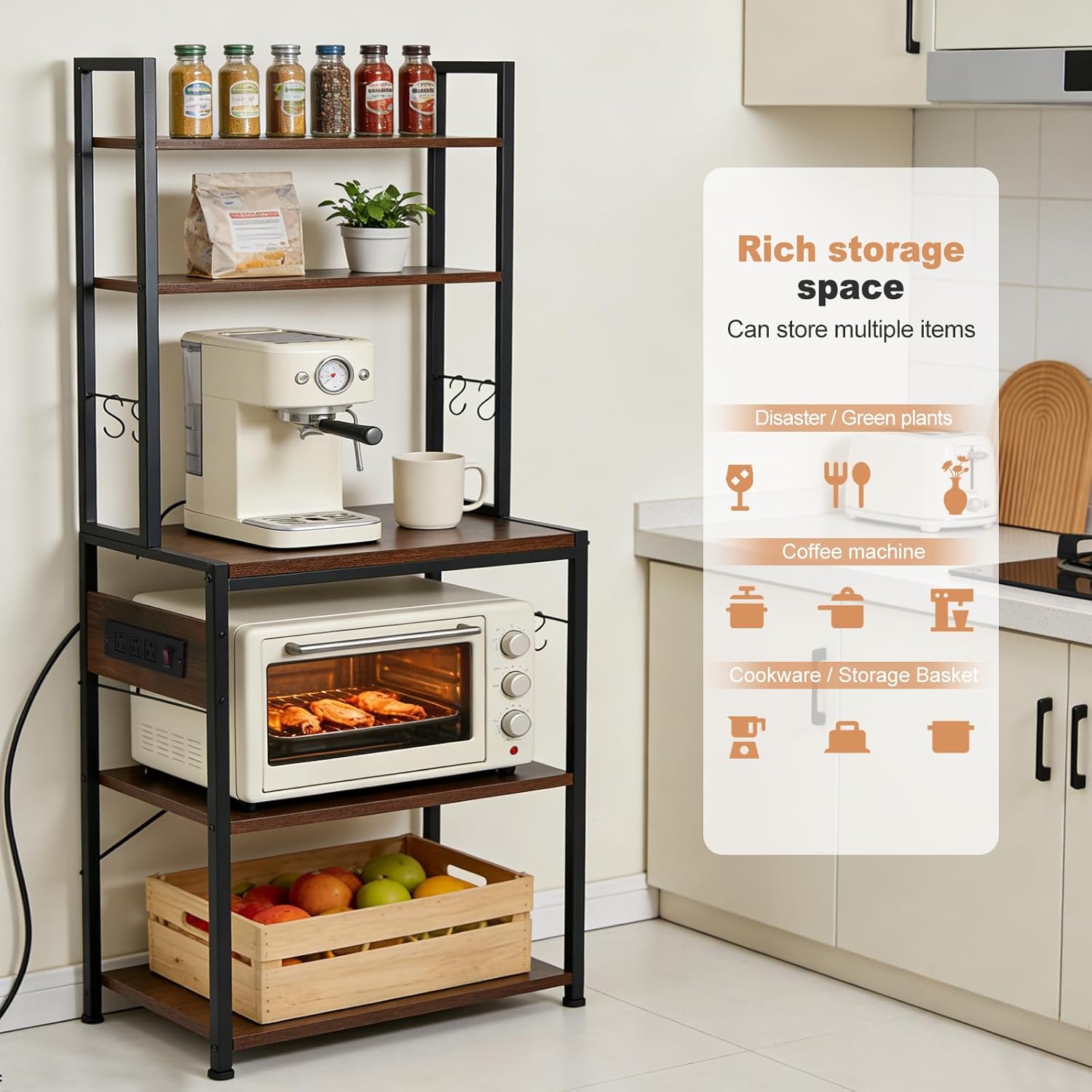 Luckyeestar 5 Tier Kitchen Bakers Rack with Power Outlet，25.2 Inch Metal Storage Shelf for Microwave, Coffee Bar, Spice Organizer, Freestanding Kitchen Cart with Hooks