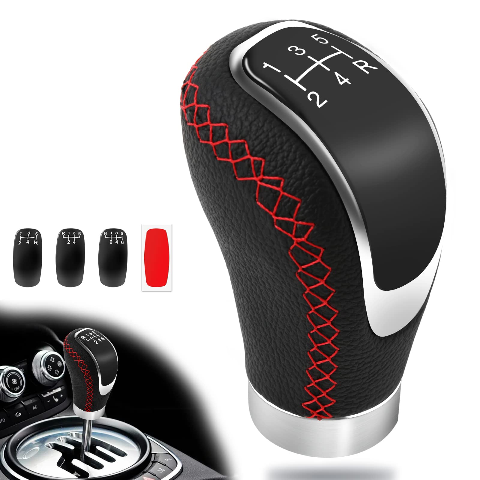 Universal 5 Speed Manual Leather Red Stitch Car Gear Stick Shift Knob Shifter Le