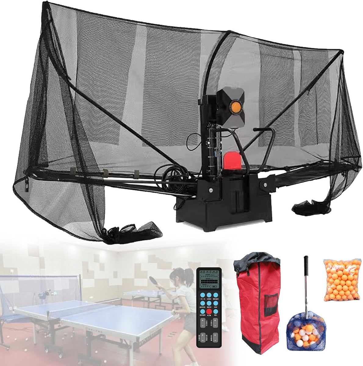 Ping Pong Robot Machine with Catch Net, Programmable Drills, 9 Landing Points, Topspin/Backspin/Sidespin/No-Spin, 35-90 Balls/Min for Professional Training