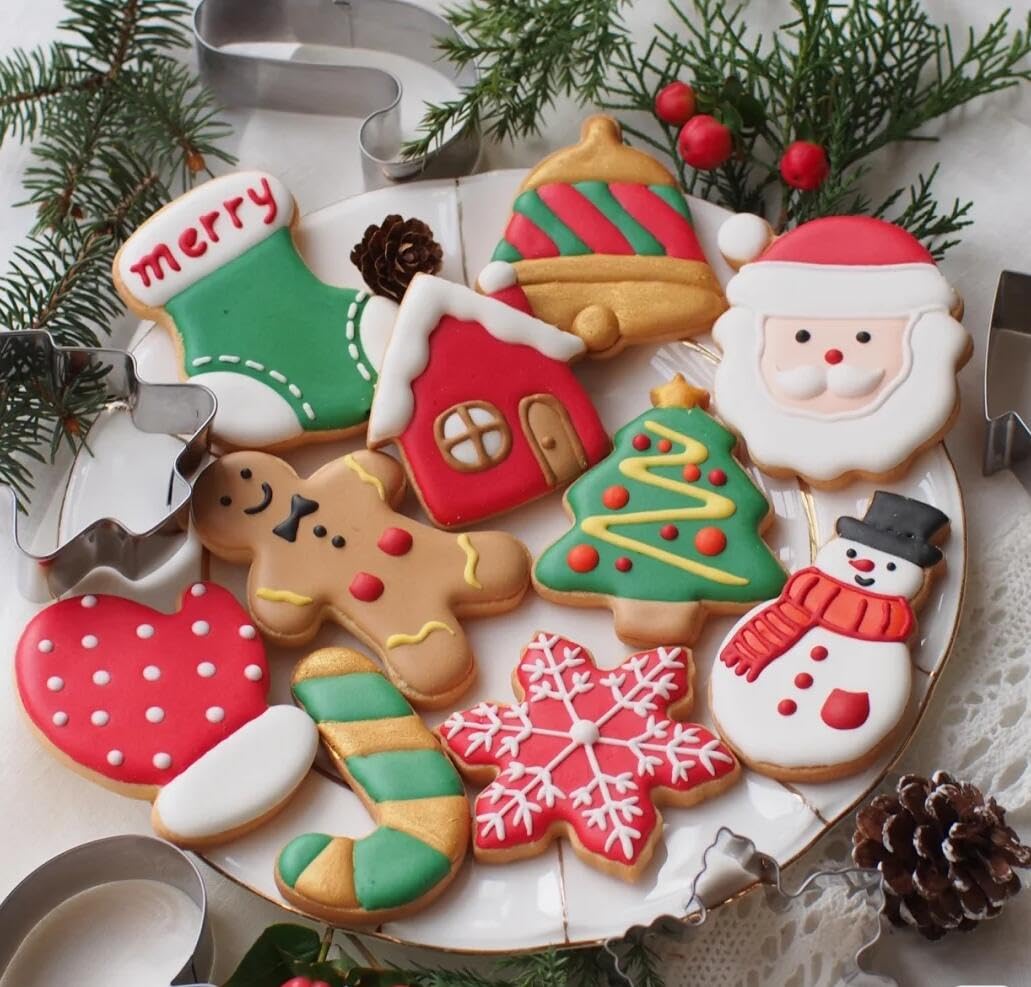 Cortadores de galletas de Navidad, 8 formas de cortador de galletas navideñas: muñeco de nieve, árbol de Navidad, hombre de jengibre, bastón de caramelo, copo de nieve, cara de Papá Noel, casa de