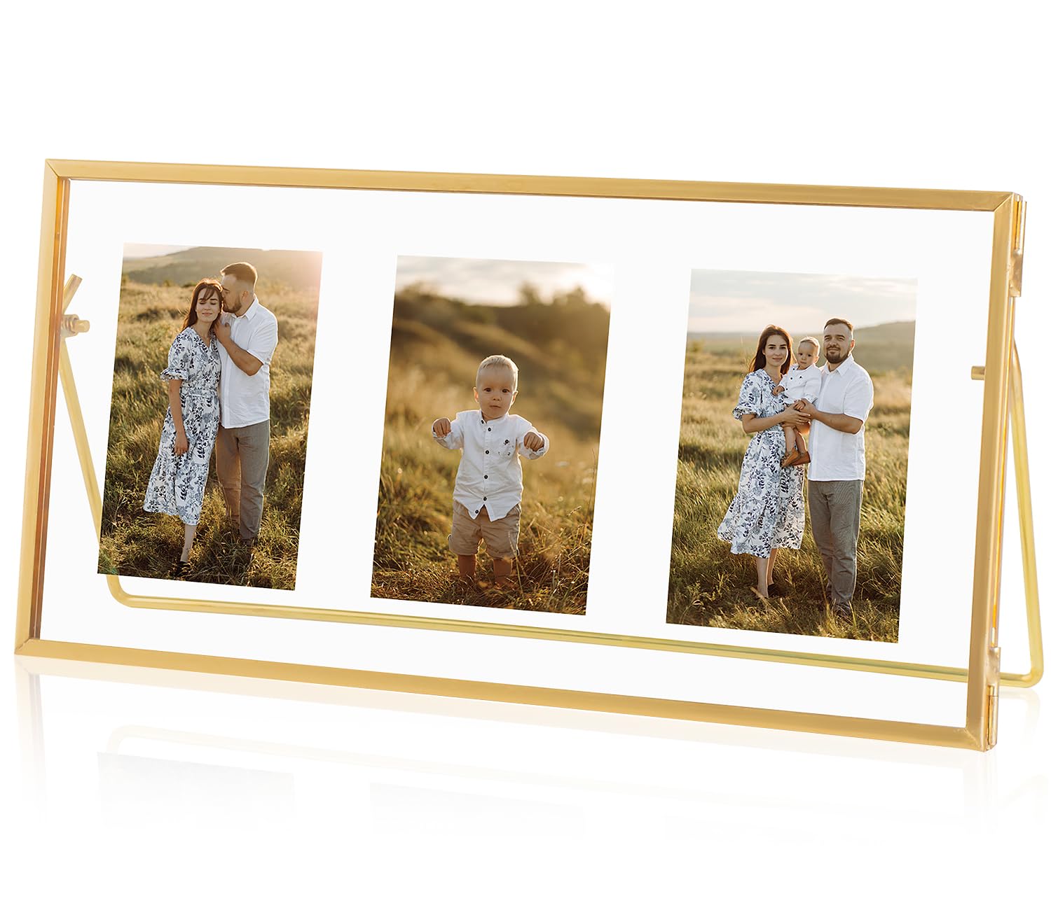 Jajamy Gold Floating Picture Frame, Tempered Glass Floating Frames Fit For 3-Photo 2X3, Vintage Collage Picture Frame For Tabletop Display (Horizontal)