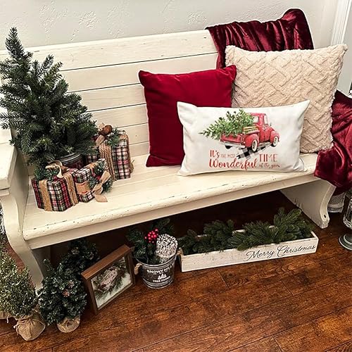 Miniatura 3 de CARRIE HOME Juego de 2 fundas de almohada lumbar de Navidad de 12 x 20 pulgadas, decoración navideña de camión rojo para porche, 12 x 20 pulgadas,