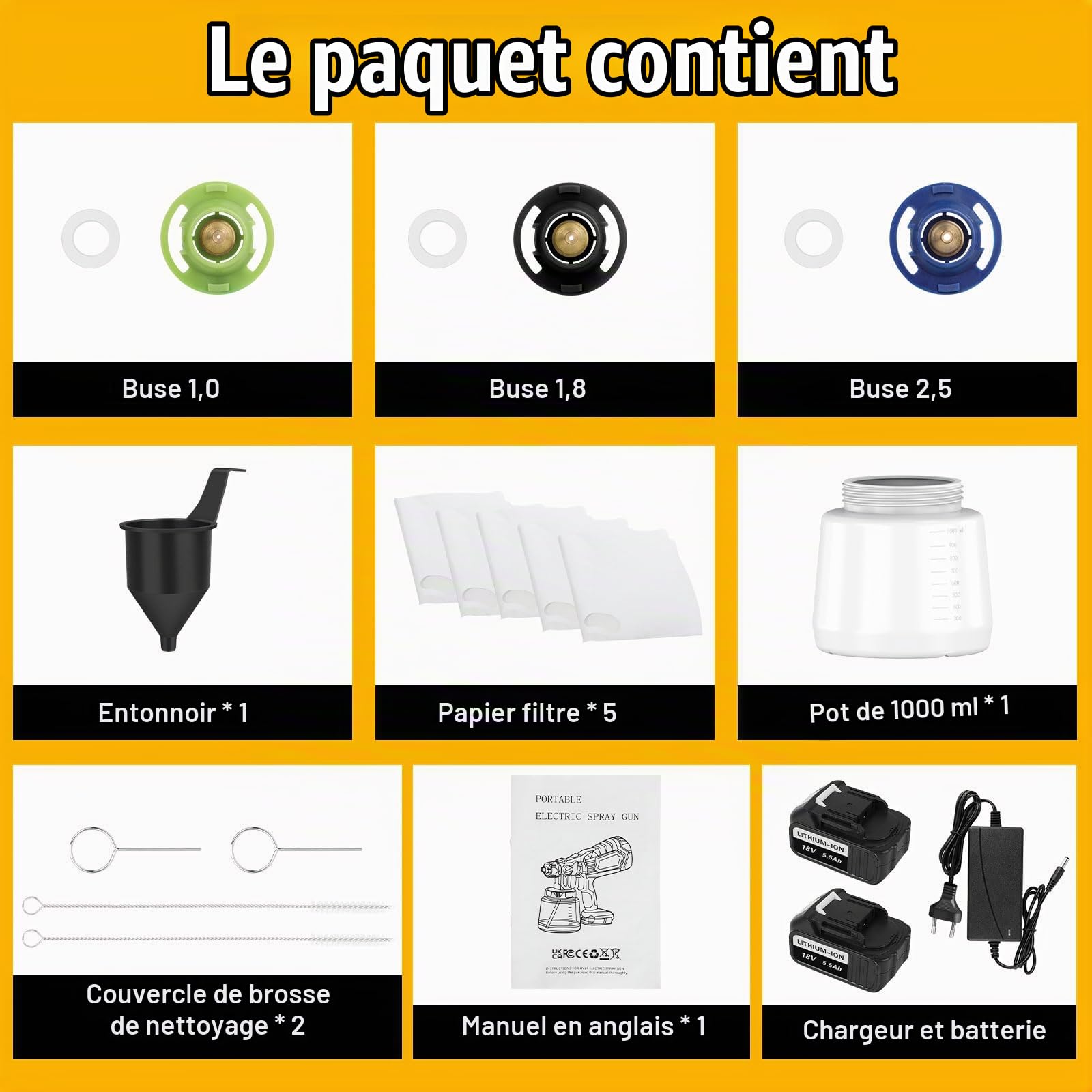 Pistolet a Peinture sans Fil avec 2 * 5500mAh Batterie, ASUNCELL Pistolet Peinture Electrique avec Grand récipient de 1 000 ML, pour Murs, Plafonds, Meubles, Clôtures, Armoires (Jaune)