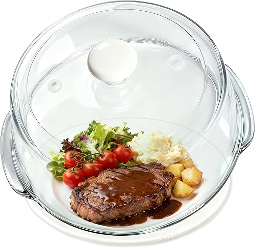 Cubierta de vidrio contra salpicaduras para microondas de alimentos, cubierta alta para microondas con perilla de cerámica blanca, 100% apta para