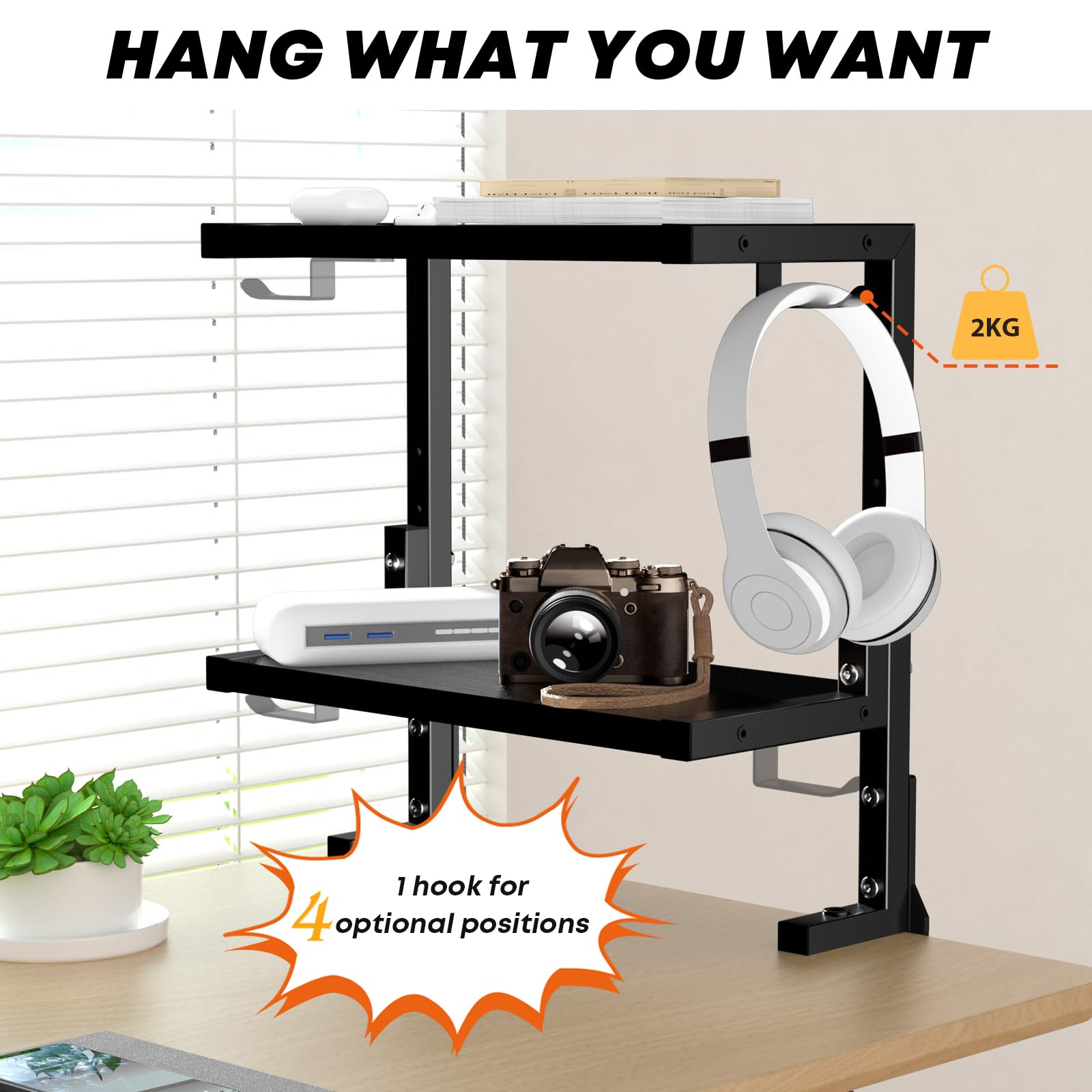 PUTORSEN 15 Pollici Morsetto su Scaffale da Scrivania, Scaffale a 2 Livelli Sopra o Sotto la Scrivania, Organizzatore da Cucina Personalizzabile per gli Accessori, Nero