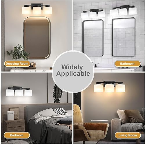 Miniatura 6 de Lámparas de baño de 3 luces, lámparas de tocador de baño negras con pantalla de vidrio esmerilado, accesorios de iluminación modernos sobre espejo -
