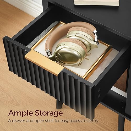 Miniatura 4 de Mesa auxiliar, mesita de noche acanalada, mesa auxiliar moderna, mesita de noche con 1 cajón y 1 compartimento abierto, mesita de noche de mediados