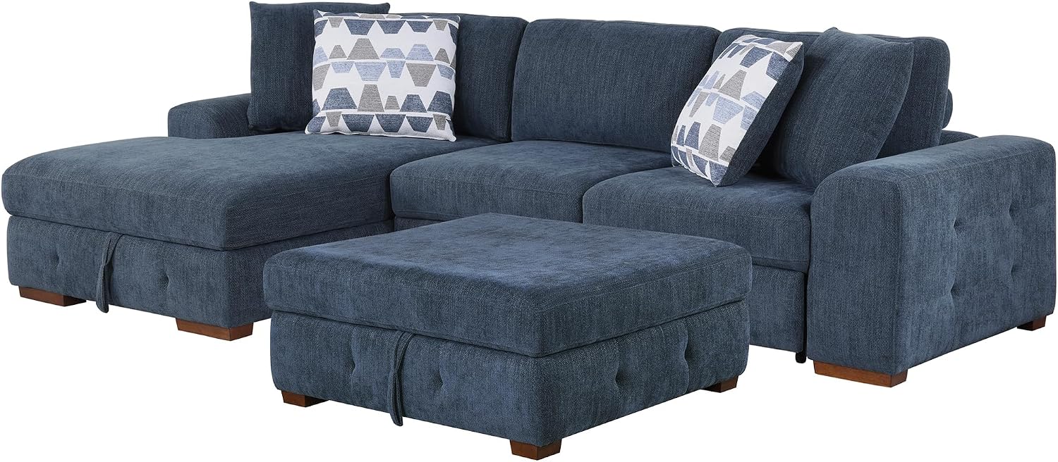 Lexicon Sectional Couches for Living Room, Chenille Fabric Sleeper Sofa, L Shape Sectional Couch with Left Storage Chaise and Pull Out Sofa Bed, 3 Seater with Ottoman, Blue