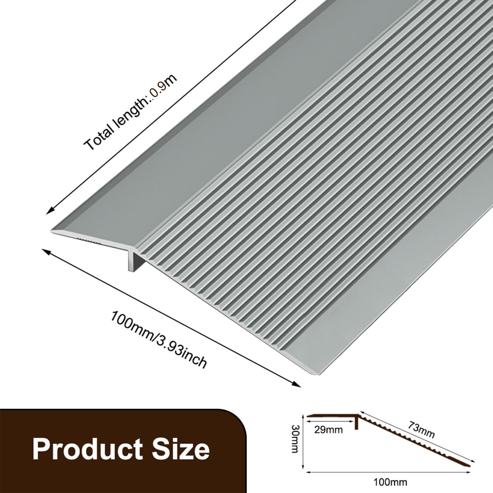 Listón de transición autoadhesivo de aluminio para suelo de 10-35mm | Perfil de nivelación de altura para umbral de puerta | Para laminado, azulejos, PVC y parqué, Gris, 90cm x 100mm