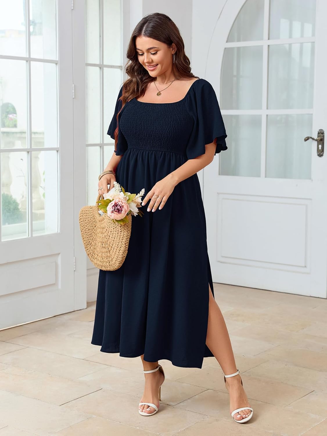 Women's Plus Size Dress Short Sleeve Square Neck Smocked Side Split Flowy A Line Long Maxi Dress - Image 6