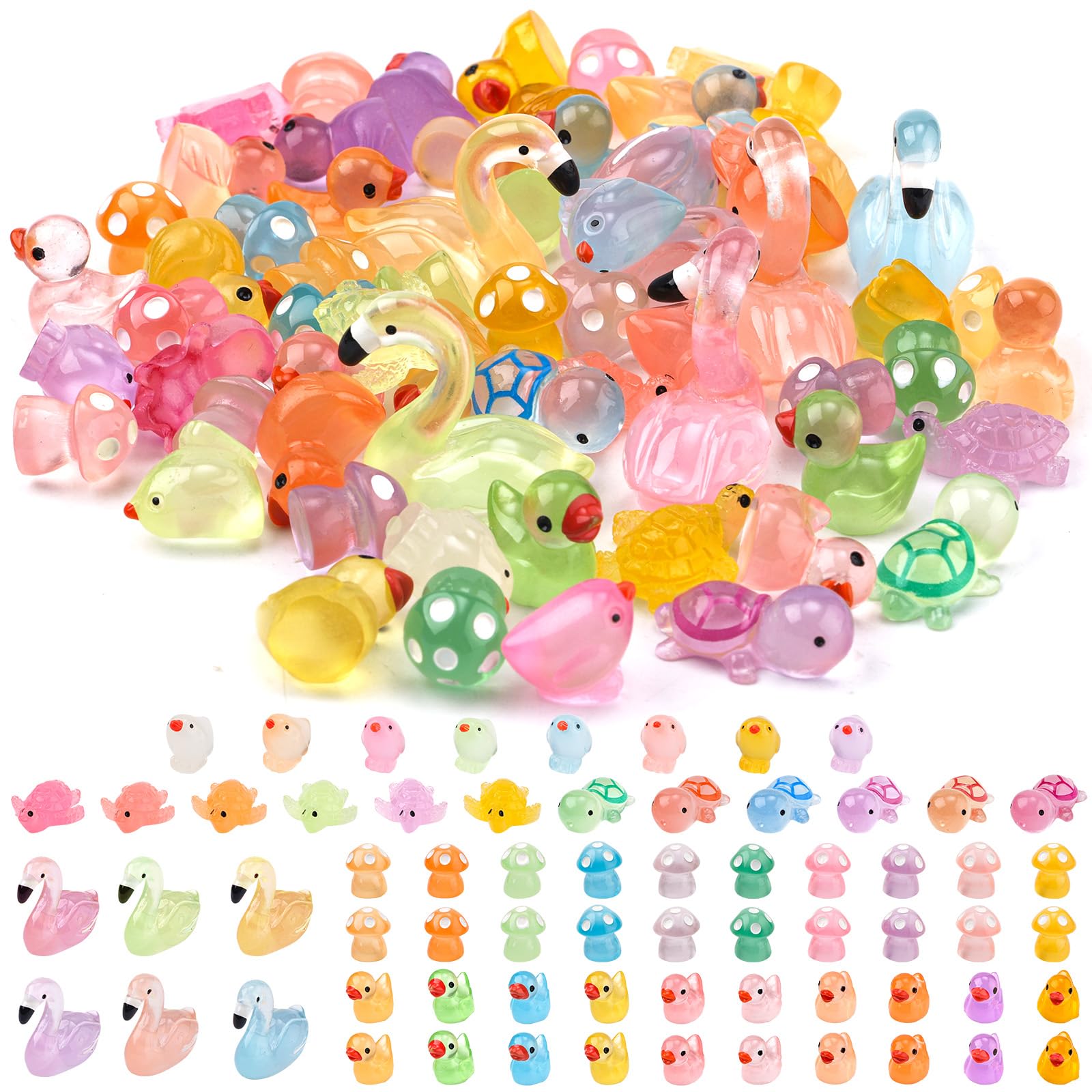 66pcs Luminous Glowing Resin Animal, 6 Styles Miniature Mini Tiny Small Resin Animal Bulk, Duck Turtle Mushroom Flamingo, Micro Landscape Decoration Accessories Decor for Aquarium Dollhouse Garden