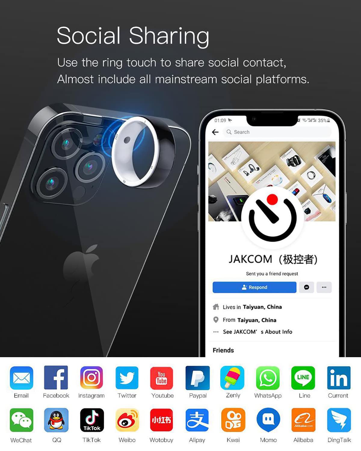 NOGRAX R5 Smart Ring, Anello Multifunzione, Smart Ring Nuovo Dispositivo indossabile Lettore IC/ID/NFC, 6 Carte RFID Integrate e 2 Pietre sanitarie, Compatibile con iOS e Android M S