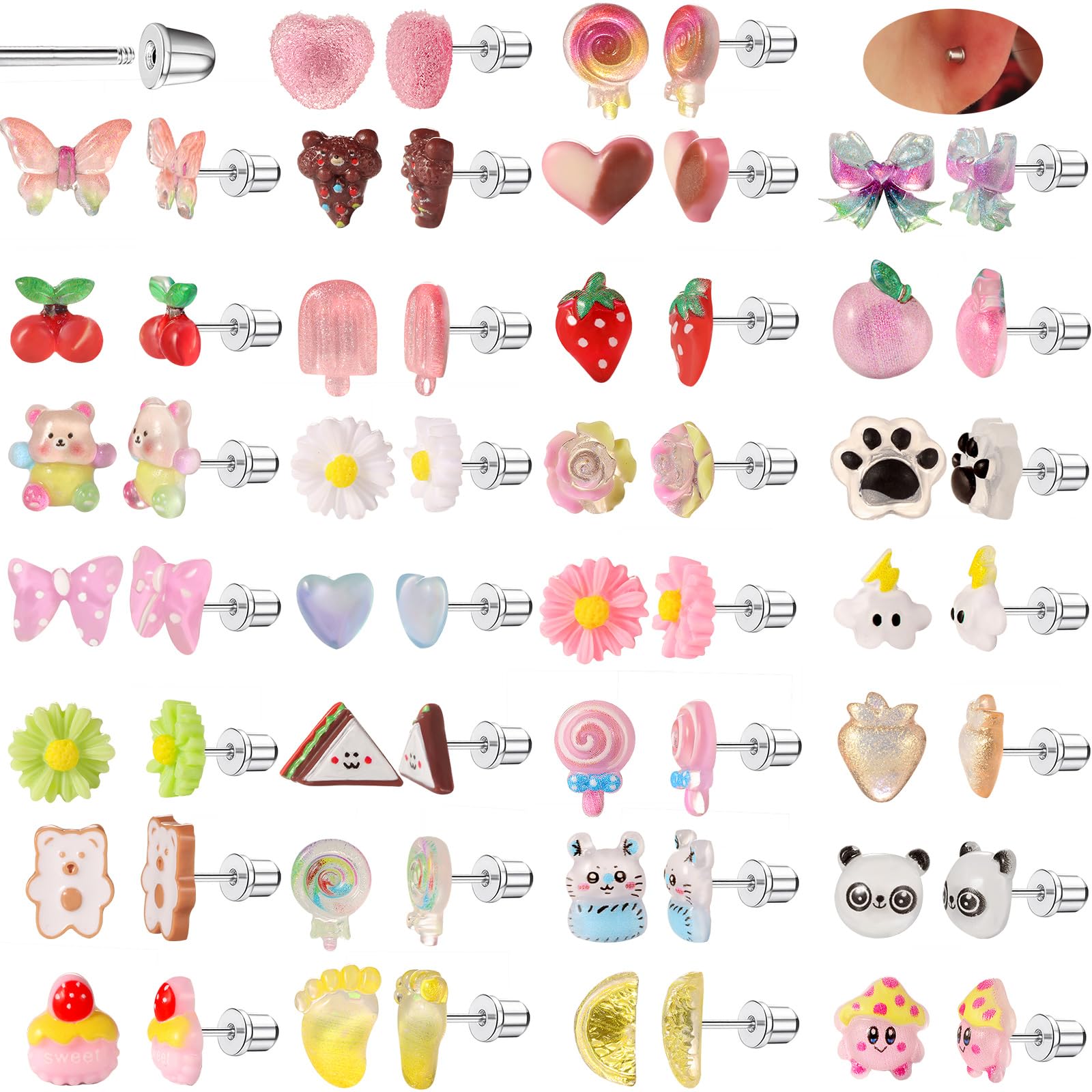 30 Pairs Mini Screwback Earrings for Girls, Kids &amp; Family – Flat Back Acrylic Earring with Stainless Steel Posts | Assorted Cute Charms | Secure Fit for Daily Wear &amp; Parties