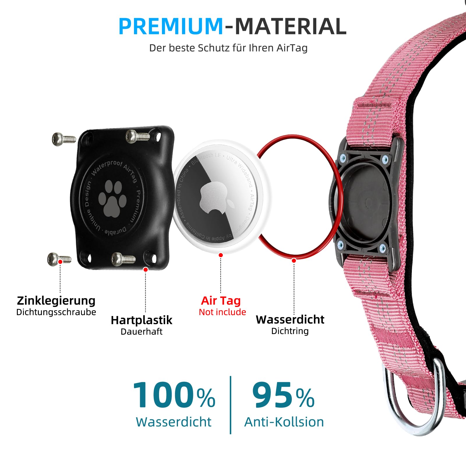 AirTag Hundehalsband, IP68 wasserdichte Integriertes Apple Air Tag Halter Hundehalsband mit AirTag Halter, Reflektierend, Besonders haltbar, Hundehalsbänder für mittlere große Hunde [Rosa,S]