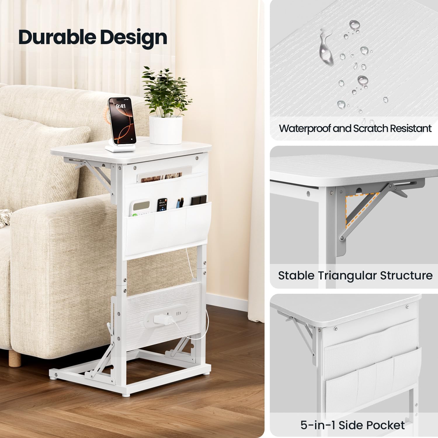 HLDIRECT C Shaped End Table with Charging Station, Couch Side Table with Storage Bag, Foldable TV Tray with 2 USB Ports and Outlets for Living Room, Bedroom, White