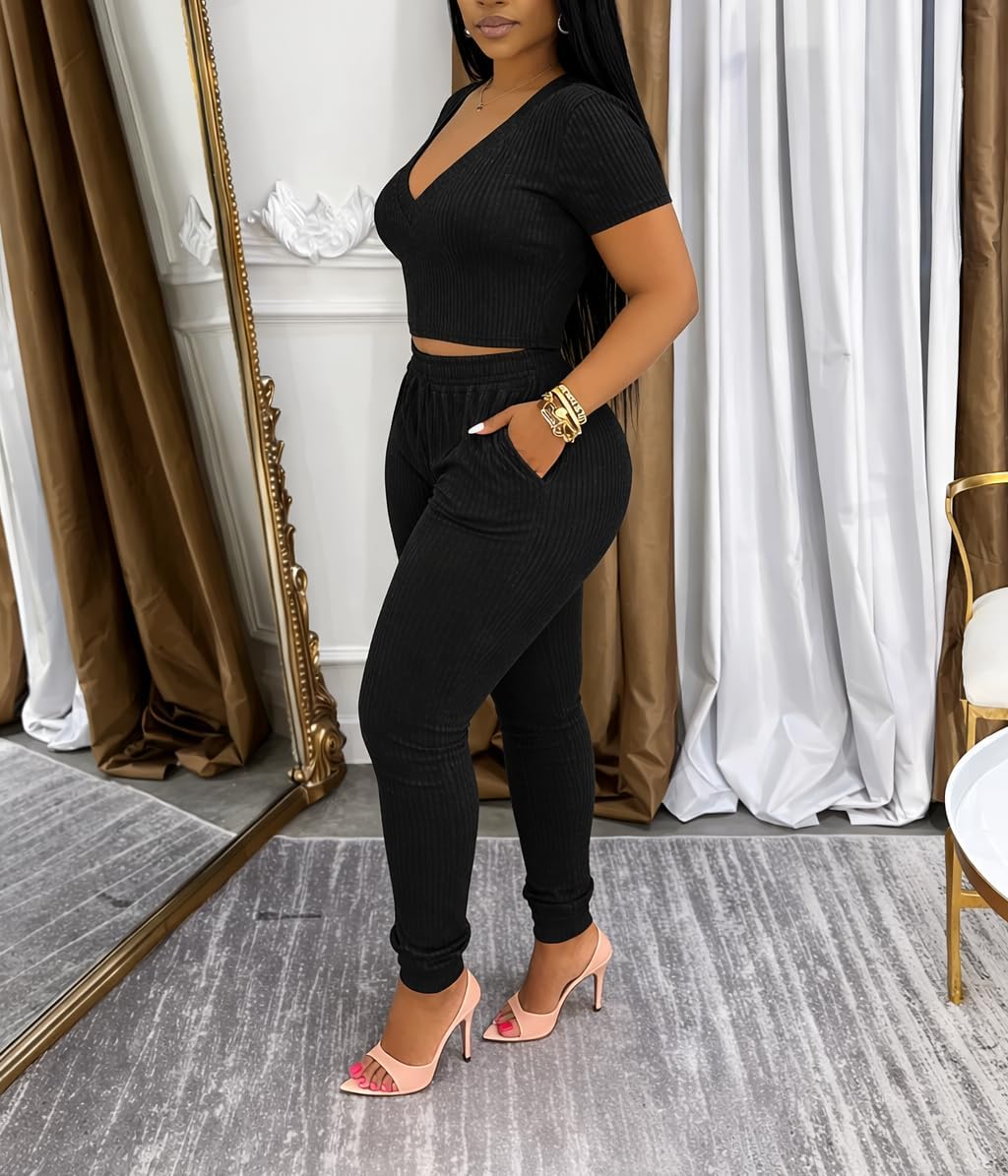 Women Two Piece Ribbed Lounge Set V Neck Short Sleeve Crop Top Drawstring High Waist Leggings Casual Matching Outfit