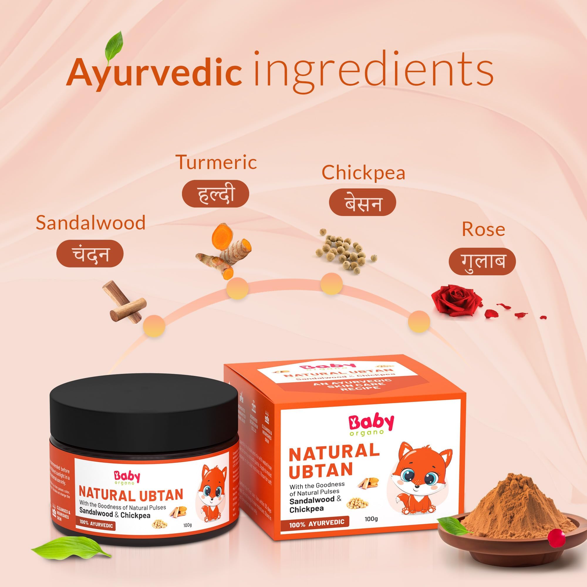 BabyOrgano Ayurvedic Ubtan Bath Powder for Babies, Kids & Mothers 0+ Months | Tan Removal & Skin Brightening | Sandalwood Turmeric Neem & Green Gram | Dermatologically Tested | AYUSH Approved | 100g (Pack of 1)