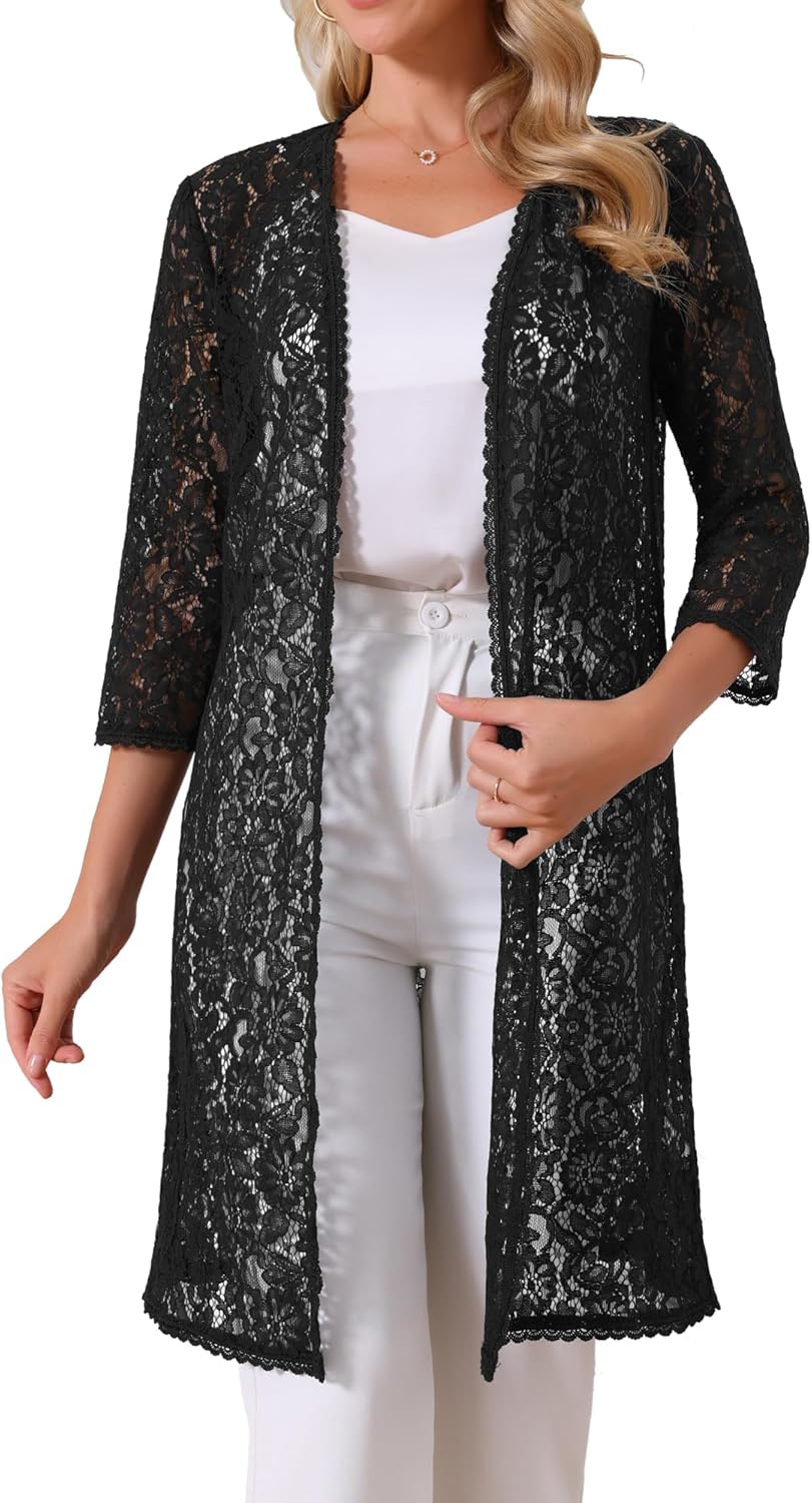 Seta T Women's Cardigan Lace 3/4 Sleeve Crochet Open Front Long Cardigans Lightweight Cover Up