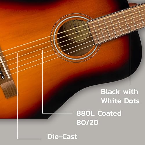 Vista 6 de Fender FA-15 - Guitarra acústica de cuerda de acero para niños de 3/4 escalas, paquete Sunburst Learn-to-Play con estuche, afinador, correa, púas