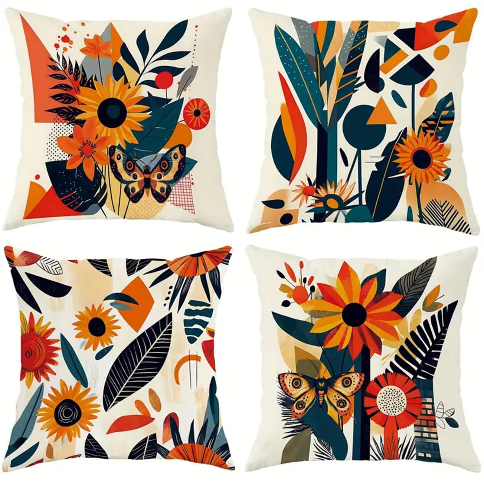 Blumen Kissenbezug 50x50 cm 4er Set Kissenhülle Samt Sofakissenbezüge Moderne Orange Blau Dekokissen für Sofa Schlafzimmer Couch Outdoor Kissenbezüge