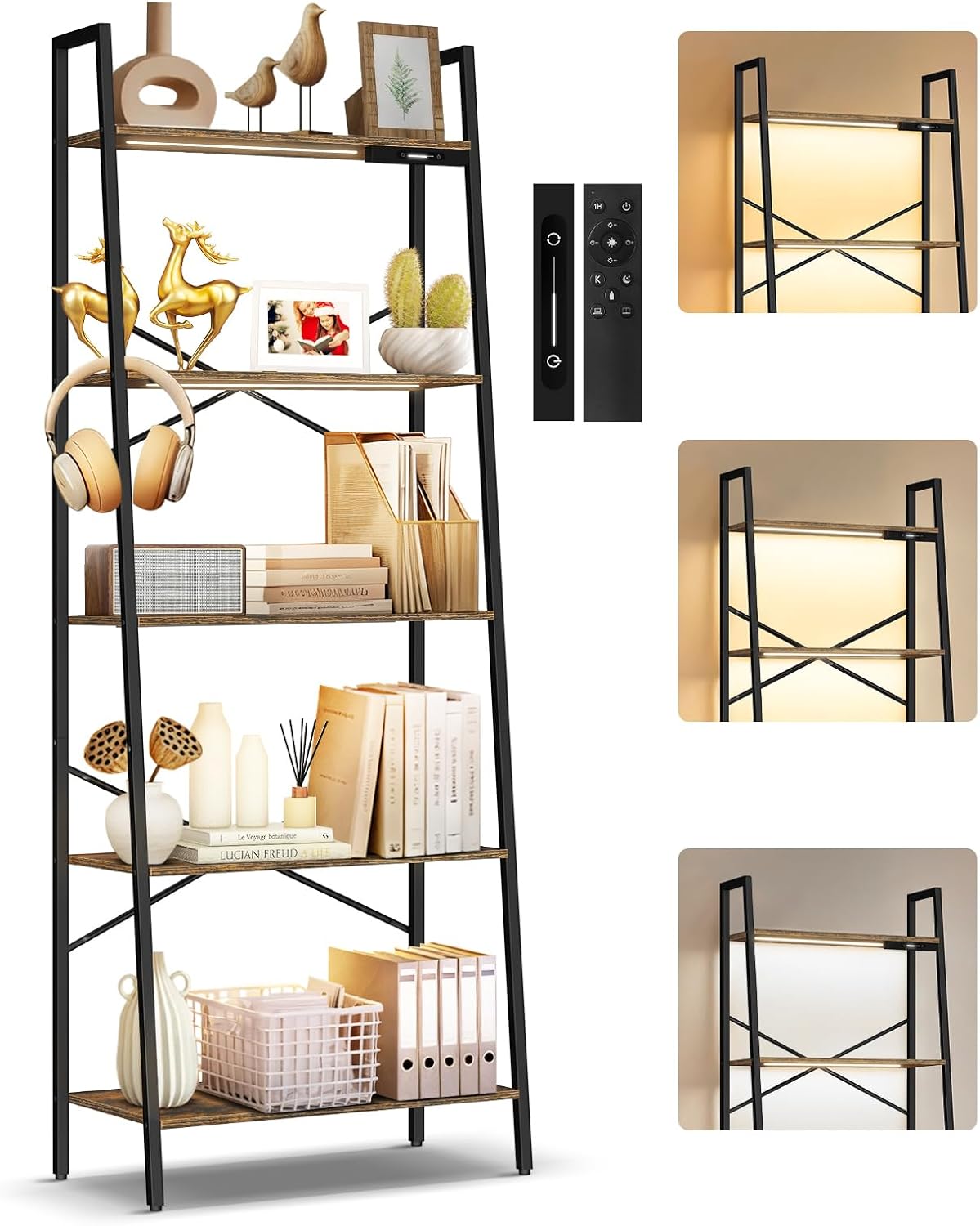 5-Tier Wide Ladder Shelf with LED Lights, Touch & Remote Control, 3 Color Temperatures, Dimmable Tall Corner Standing Bookcase, Metal Wood Display Shelf for Living Room, Bedroom