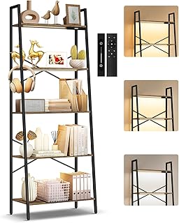 OUTONLIFE 5-Tier Wide Ladder Shelf with LED Lights, Touch & Remote Control, 3 Color Temperatures, Dimmable Tall Corner Standing Bookcase, Metal Wood Display Shelf for Living Room, Bedroom