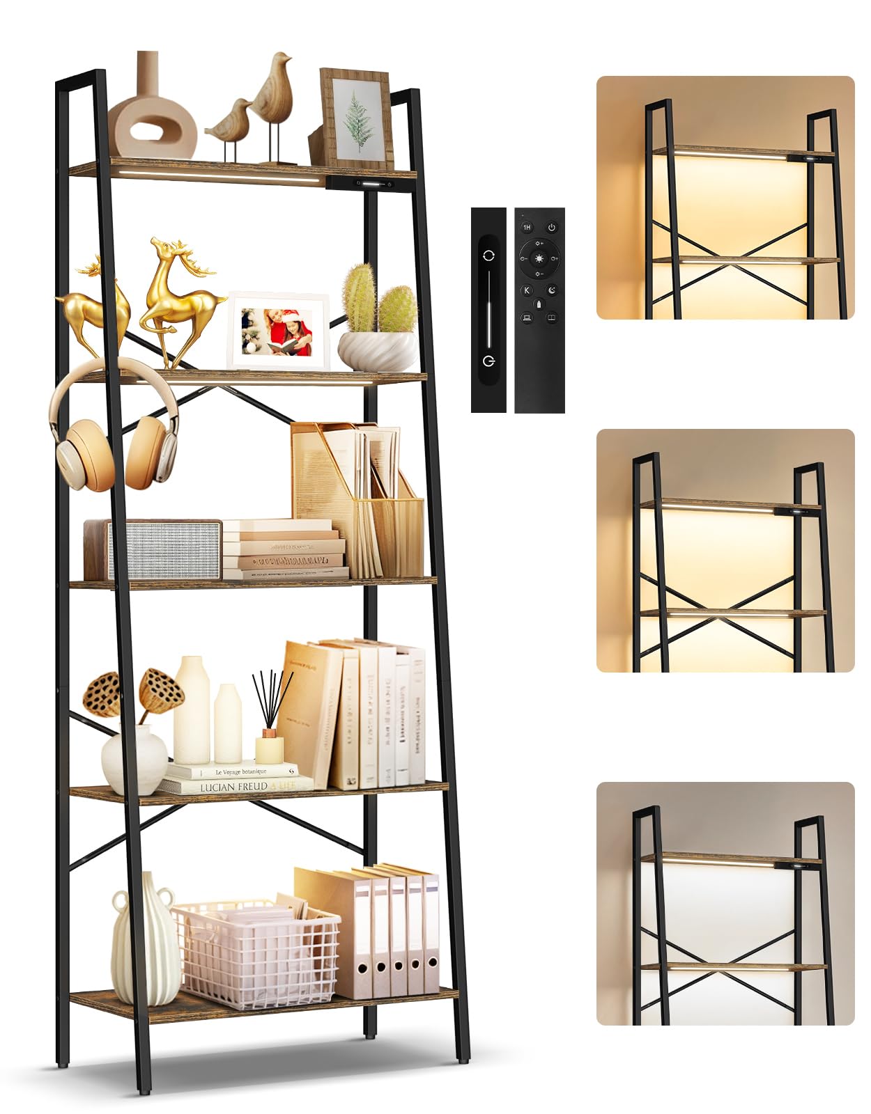 Estantería de Escalera Ancha de 5 Niveles con Luces LED, Control Táctil y Remoto, 3 Temperaturas de Color, Librería Esquinera Alta Regulable de Metal y Madera para Salón y Dormitorio