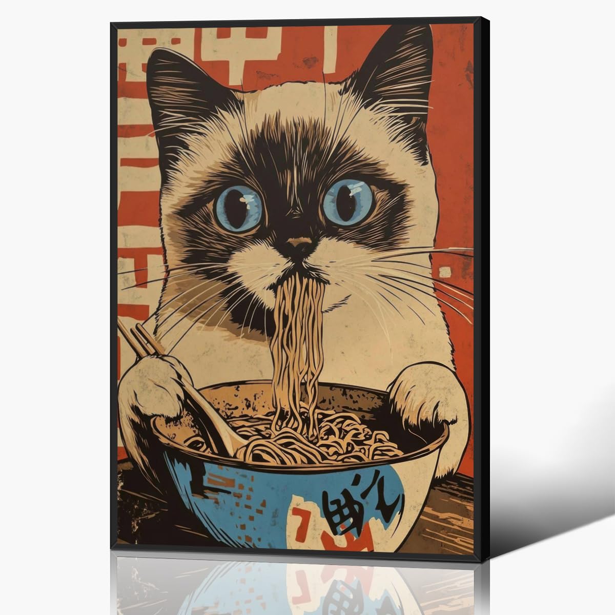 Japanese Cat Canvas Wall Art, Kawaii Cat Eating Noodles Poster, Cool Funny Animal Food Art Print, Asian Inspired Kitchen Wall Decor, Noodle And Pet Lover Gift 30x40cm Wrapped Canvas
