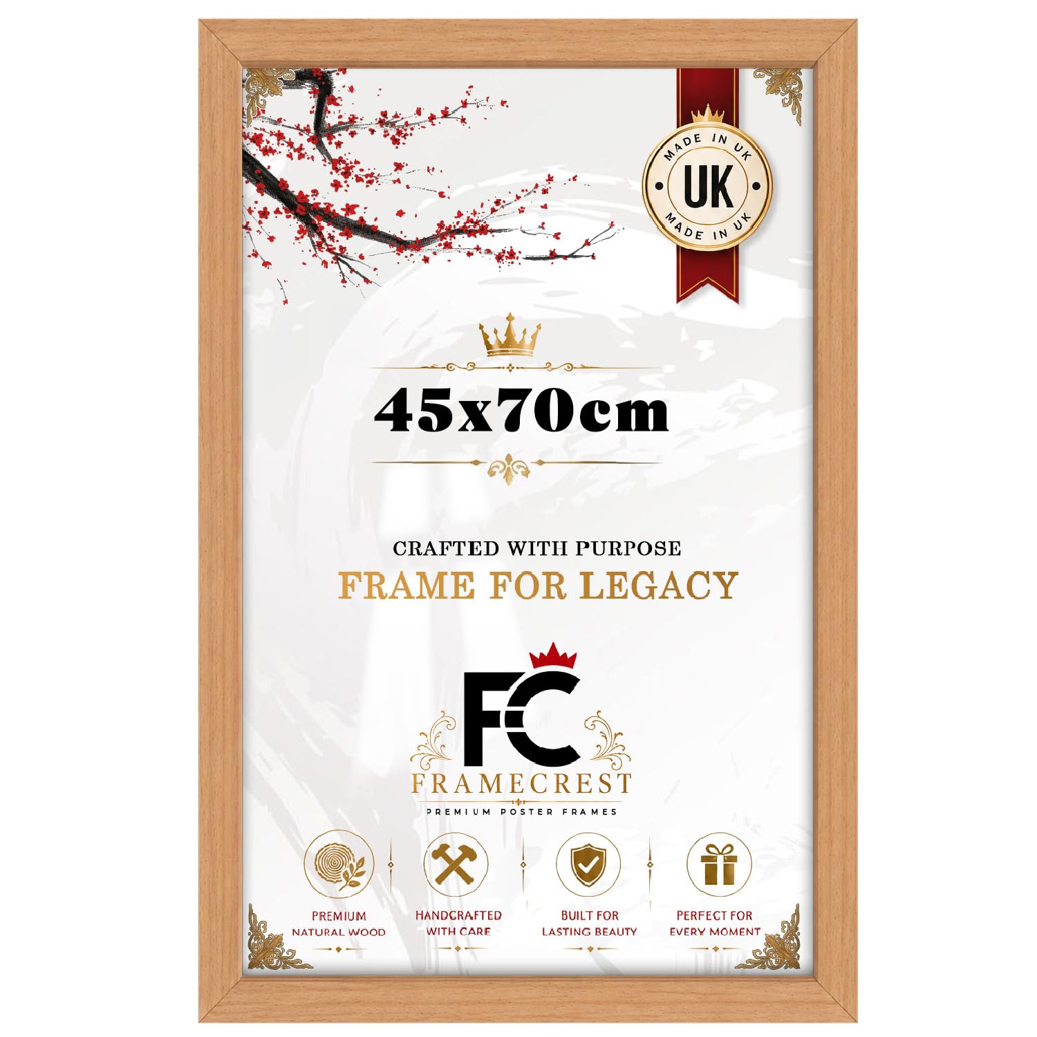 FRAMECREST Stunning 45x70cm MDF Poster/Photo Frame | Solid Engineered Wood Construction | Crystal Clear HD Perspex | Living Room & Office Wall Gallery Décor - [Beech]