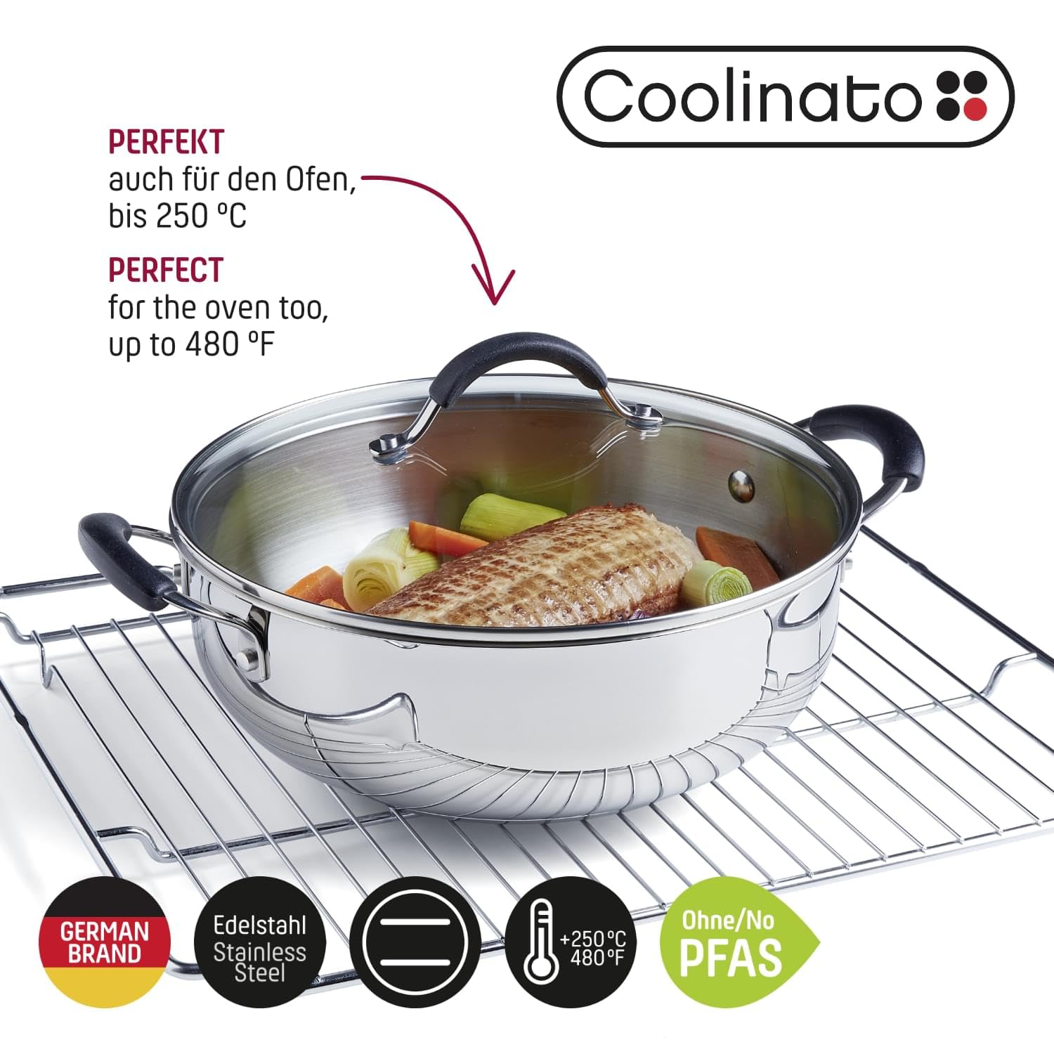 Coolinato - Edelstahl Schmortopf 24 cm mit Silikongriffen & Glasdeckel – Schmorpfanne mit 3,8 l Volumen – Für alle Herdarten, Induktionsgeeignet & backofenfest– 2 Lagen Sandwichboden mit Alu-Kern