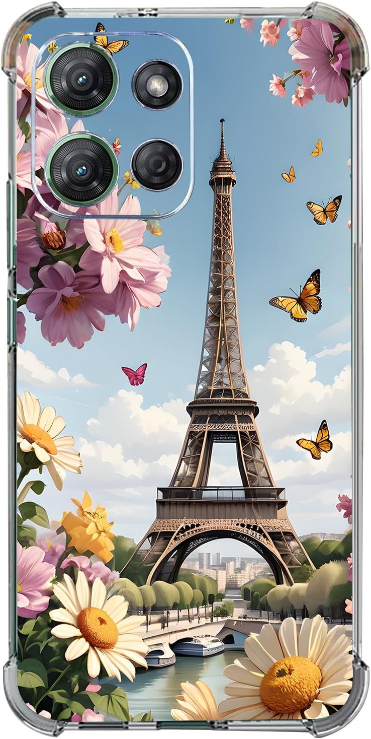 Case for Moto G 2025,Eiffel Tower Butterfly Flowers Drop Protection Shockproof Case TPU Full Body Protective Scratch-Resistant Cover for Motorola Moto G 2025