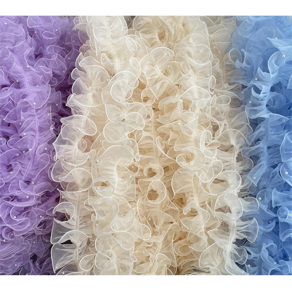 10 Yards 11cm Plissiertes Organzaband Rüschen Spitzenborte mit Perlen Organza Spitzenband Tüll Spitzenstoff Spitzenbordüre für Applikationen Kleidung DIY Nähen Basteln Blau