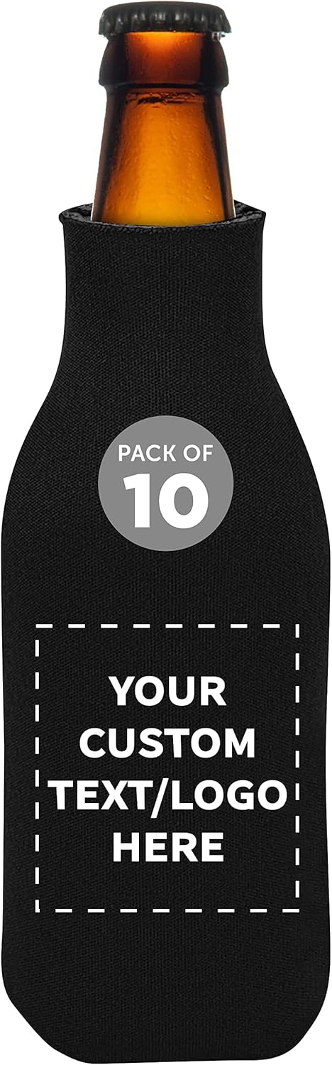 Custom Zipper Beer Bottle Insulators Set of 10, Personalized Bulk Pack - Keeps Your Drink Cooler, Great for Beer, Soda, Other Beverages - Black