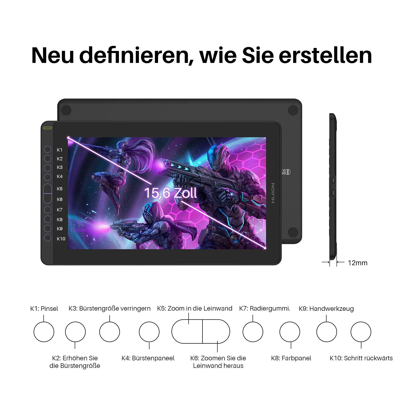 HUION Kamvas 16 Grafiktablett mit Display,15,6-Zoll Volllaminatbildschirm Pen Display, 10 programmierbare Drucktasten, 8192 Stufen Batterieloser Stift, unterstützt die Konnektivität mit Android