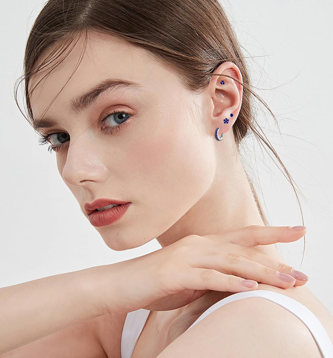 Sterling Silver Stud Earrings Set for Women, Hypoallergenic 4 Pairs Cartilage Helix Flower Round Blue/Pink/Green/Purple Cubic Zirconia Stud Earrings Hoop Sets for Multiple Piercings - Image 2