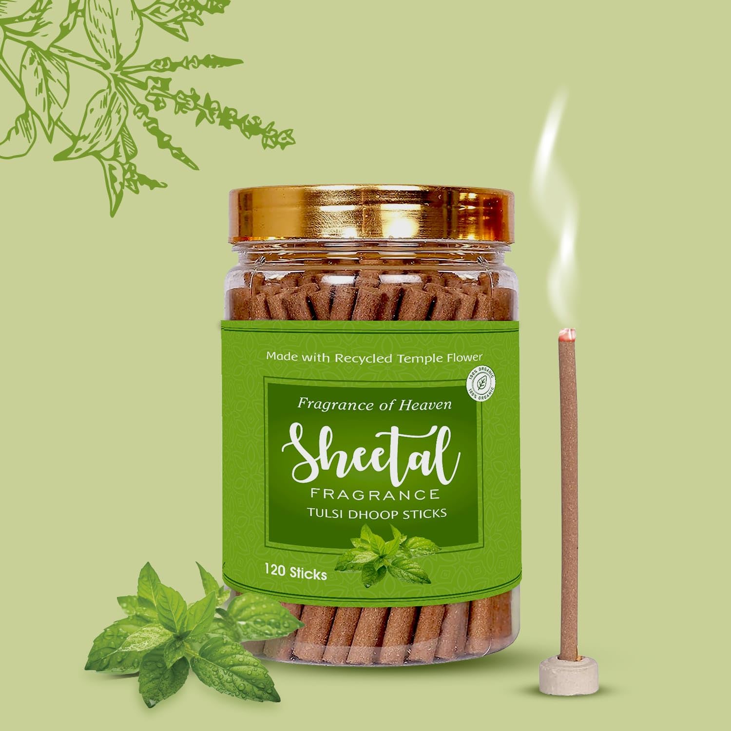 Tulsi Dhoop Sticks Made with Organic Recycled Flowers from Temples 4 Inch Sticks for Pooja 120 Count in Jar Box