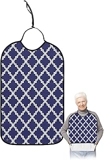 BOBOWUNY Quatrefoil Moroccan Pattern Adult Bibs for Elder Women Men Eating, Geometric Blue Morocco Waterproof & Washable Bibs for Eating Clothing Protector Dining Bibs for Crumb Catcher