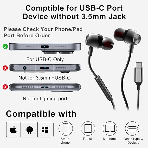 Samsung S24 S23 FE S22 S21 S20 A53 A54 için USB C Kulaklıklar Kablolu Kulaklıklar Metal Kulak Tipi C Kulaklık Mikrofon Ses Kontrollü Bas Stereo iPhone 17 Pro Max iPhone 16 Pro Max Pixel (Siyah)