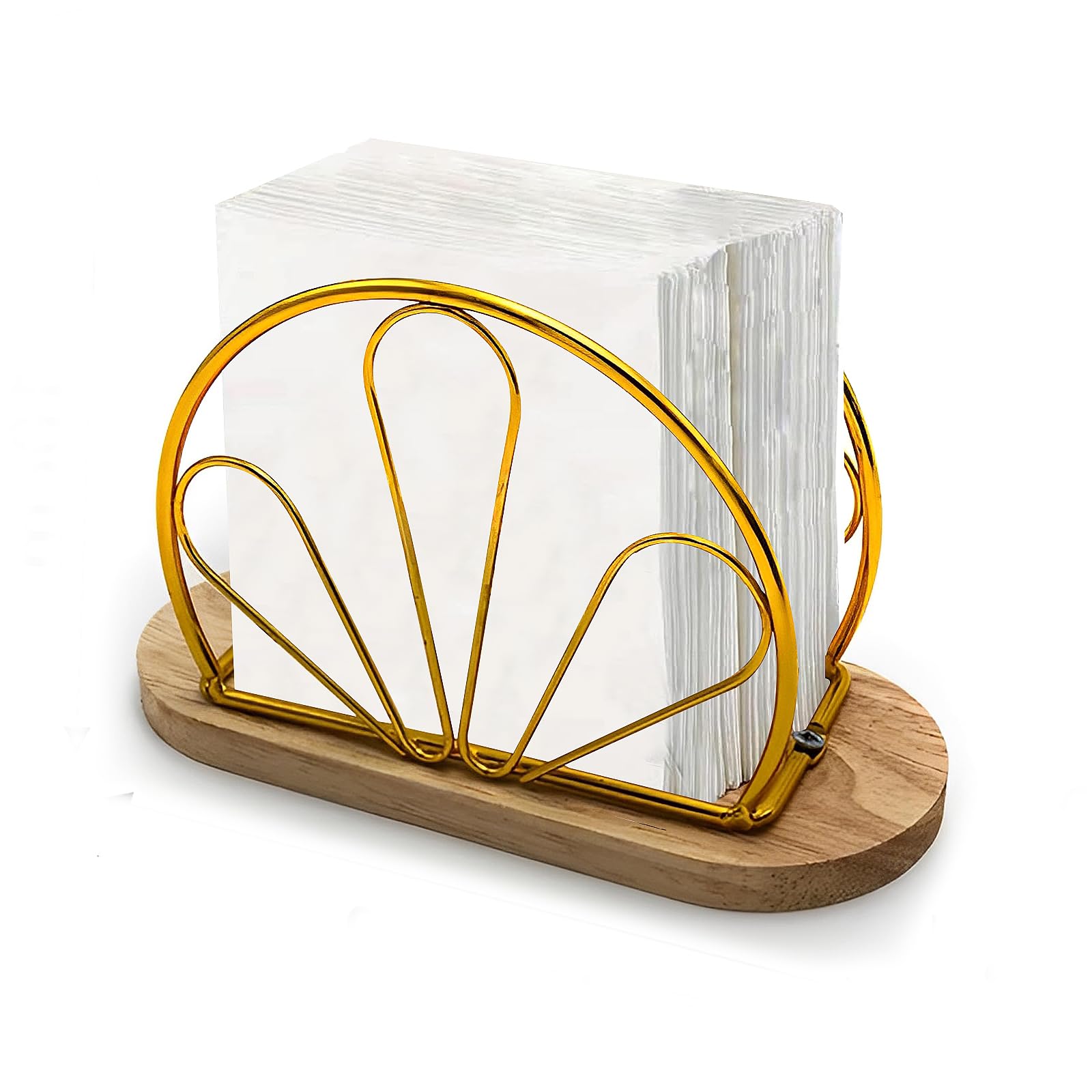 Napkin Holder, Metal Serviette Holder Napkin Dispenser with Wooden Base Paper Napkin Holder for Tables Dining Bars Weddings Party Picnic (Gold)