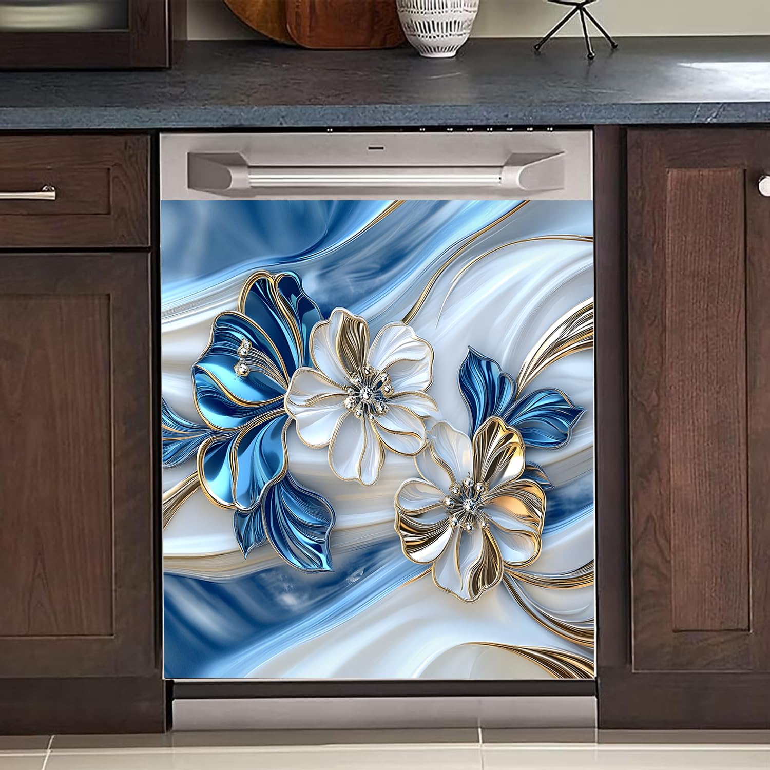 BVBOX Dishwasher Magnet Cover 23"x26", Reusable Magnetic Refrigerator Covers, Dishwasher Magnets Decorative Cover Fridge Door Skin Panel Stickers for Home Kitchen Appliance,Metal Flowers