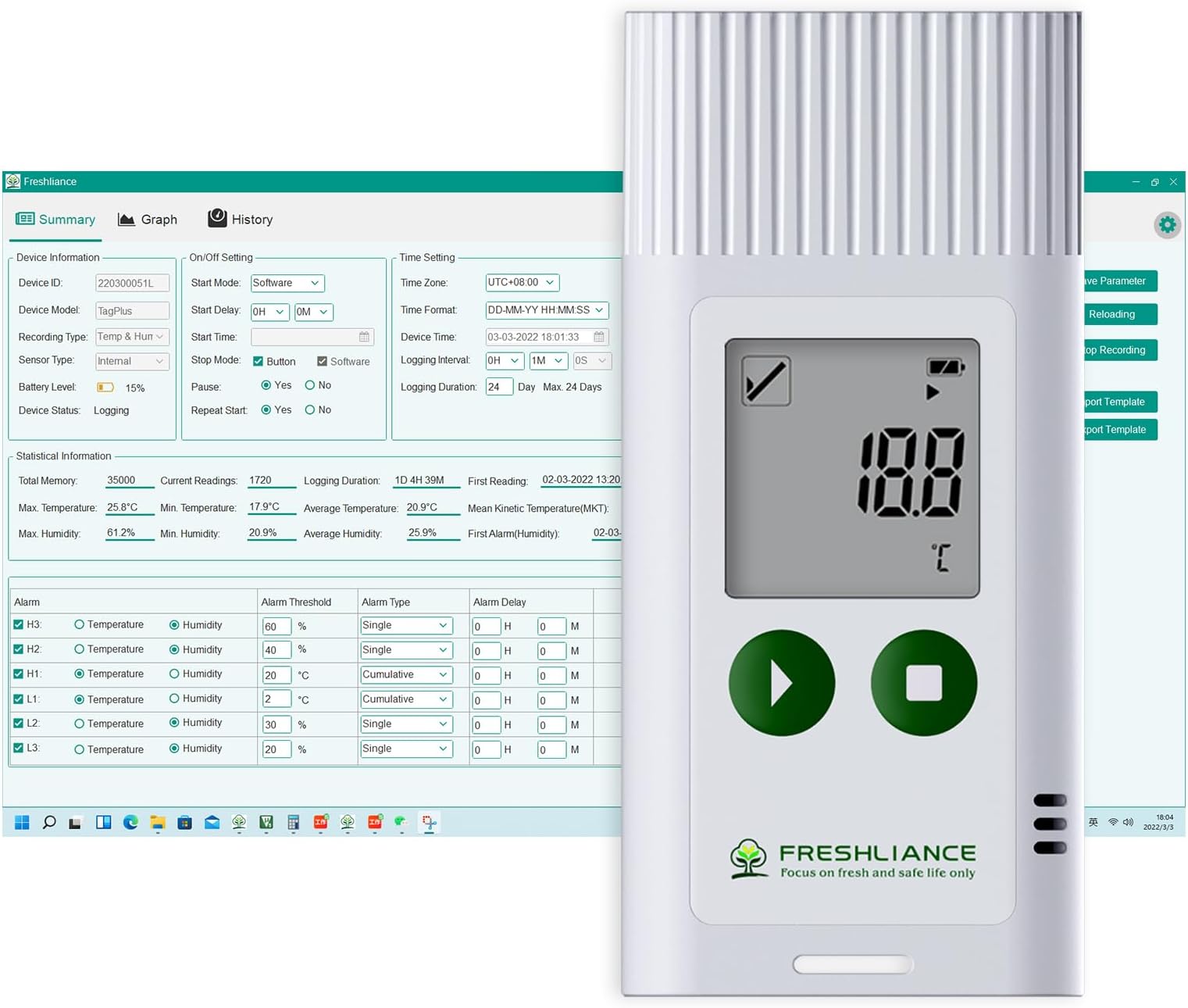 Freshliance USB Temperature Humidity Data Logger Reusable Temperature Humidity Recorder with PDF or CSV Report, Digital Fridge Thermometer Hygrometer for 35000 Points, High