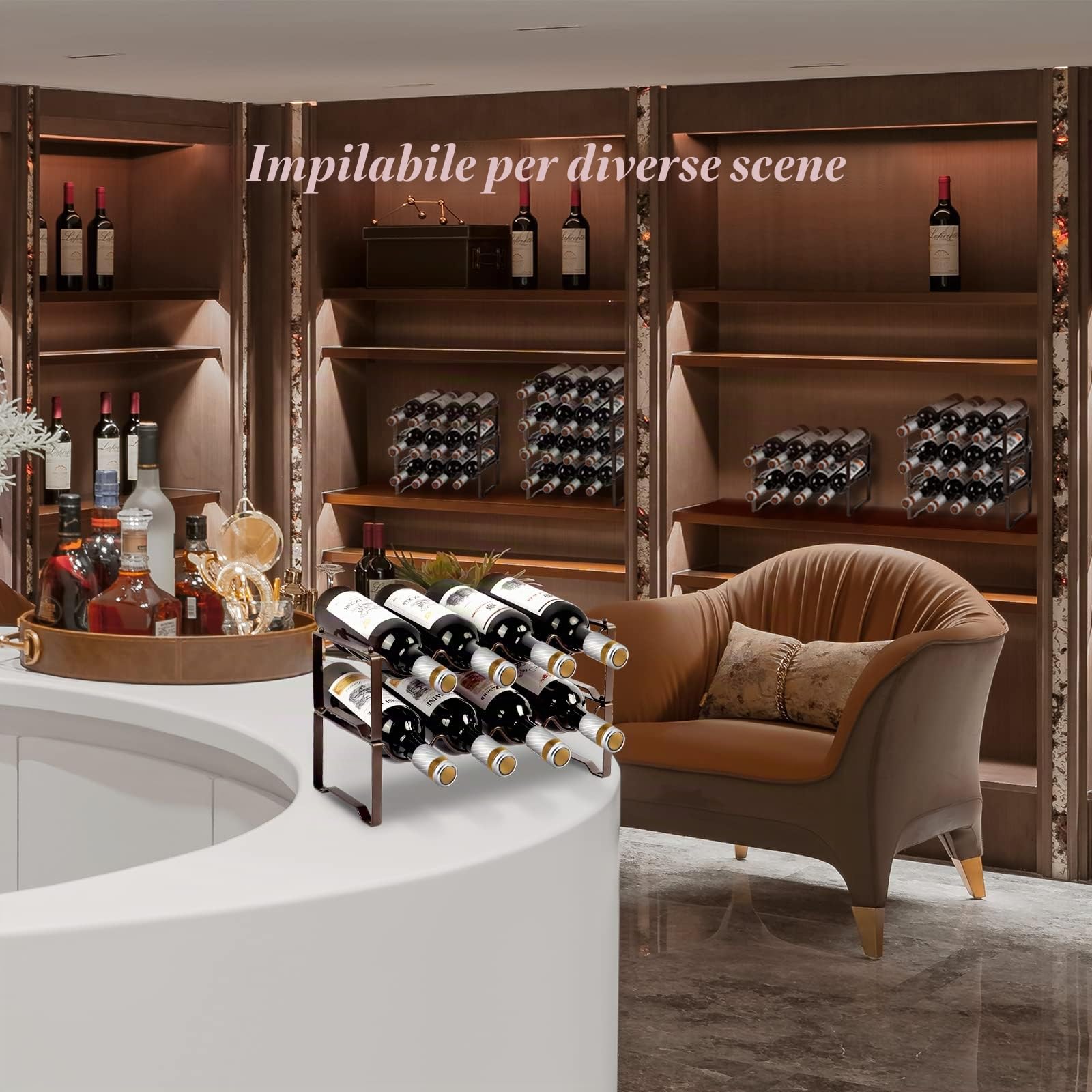 Scaffale per bottiglie in metallo, impilabile, portabottiglie per 8 bottiglie per cantina, bar e magazzino, Wine Rack stabile modulare espansibile per bottiglie e conservazione del vino (2 livelli)