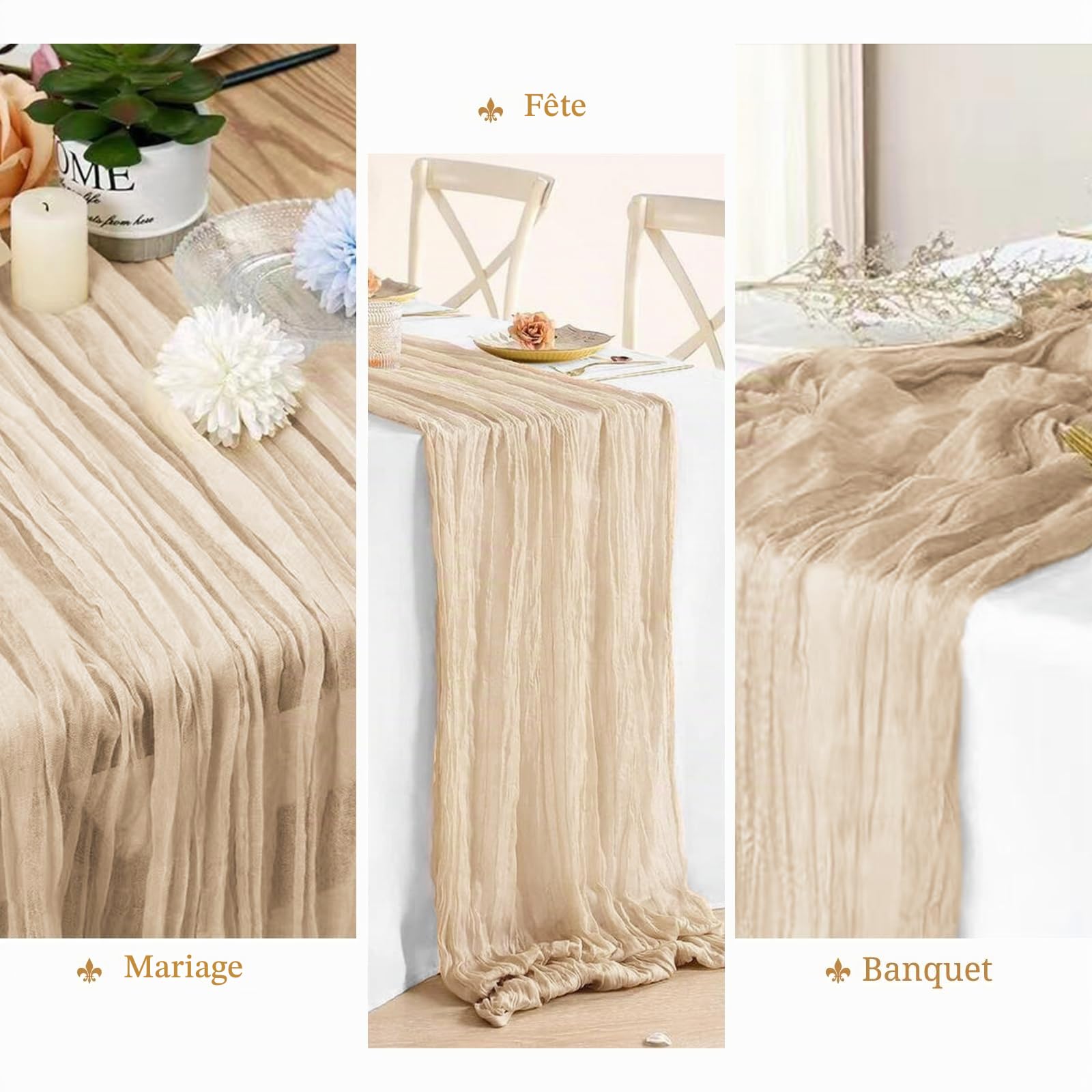 Lot de 12 Chemins de Table en étamine Chemin de Table Bohème en Gaze de 55 x 300 cm, Chemin de Table Rustique et Romantique pour fête de Mariage Thanksgiving décoration de Noël (Beige)