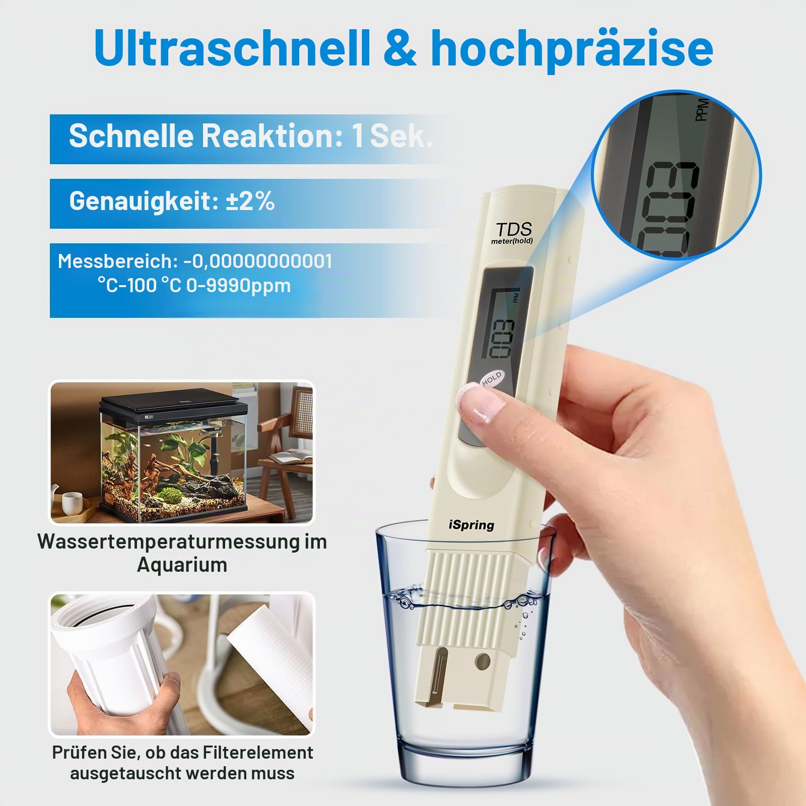 iSpring TDS Messgerät für Trinkwasser, PPM Messgerät Wasser, Wasserqualität Tester für Trinkwasser/Schwimmbad/Aquarium/Pools, Leitwertmessgerät mit hoher Genauigkeit und LCD Display