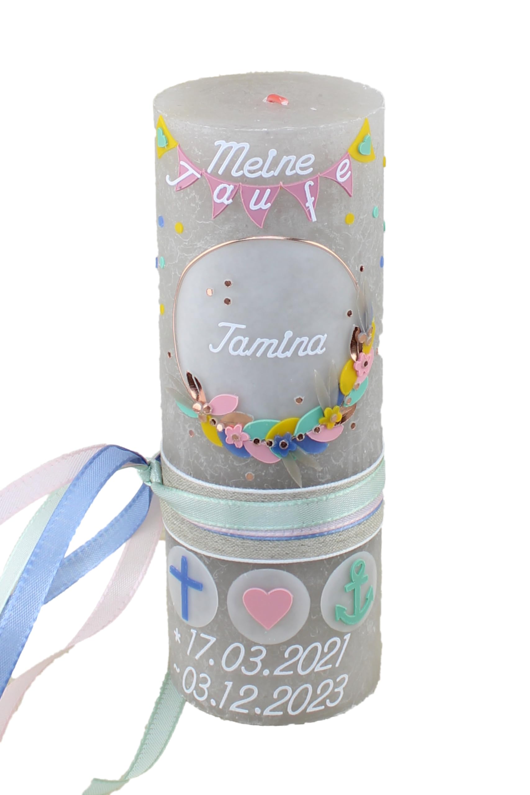 Taufkerze Rustik TAMINA Junge oder Mädchen mit Name und Datum, individuell und handverziert 2279