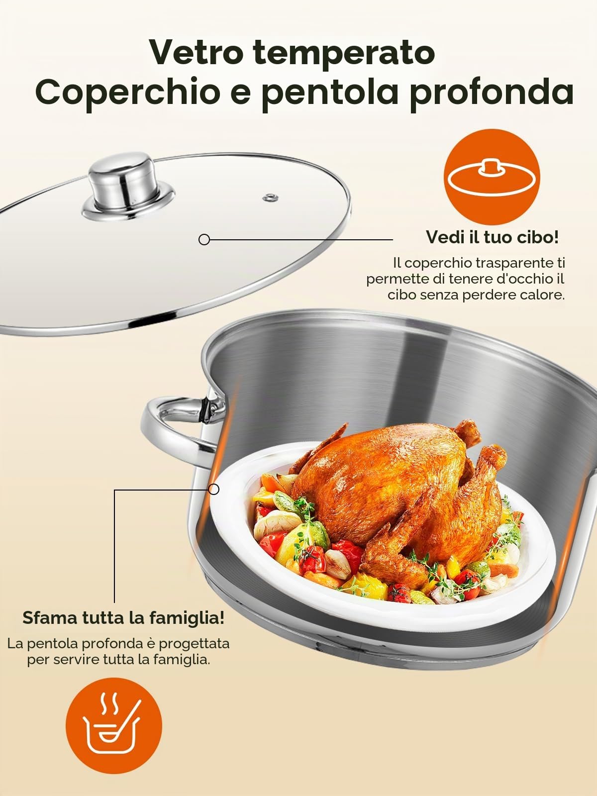 Pentola a Vapore in Acciaio Inox, Cuocivapore, Pentola (3 in 1), Diametro 26 cm, con Coperchio in Vetro, Cuocivapore per Tutti i Tipi di Fornelli, Anche a Induzione, Argento