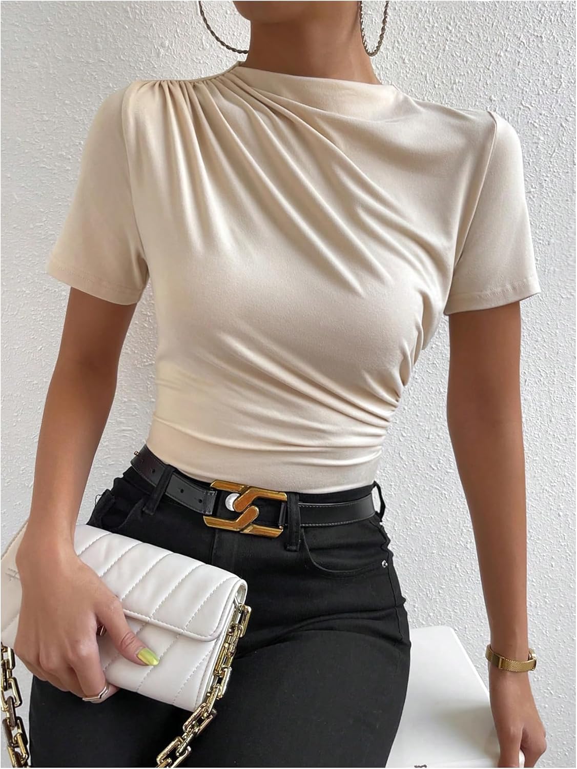 SweatyRocks Women's Ruched Mock Neck T Shirt Short Sleeve Fitted Summer Basic Tops - Image 6