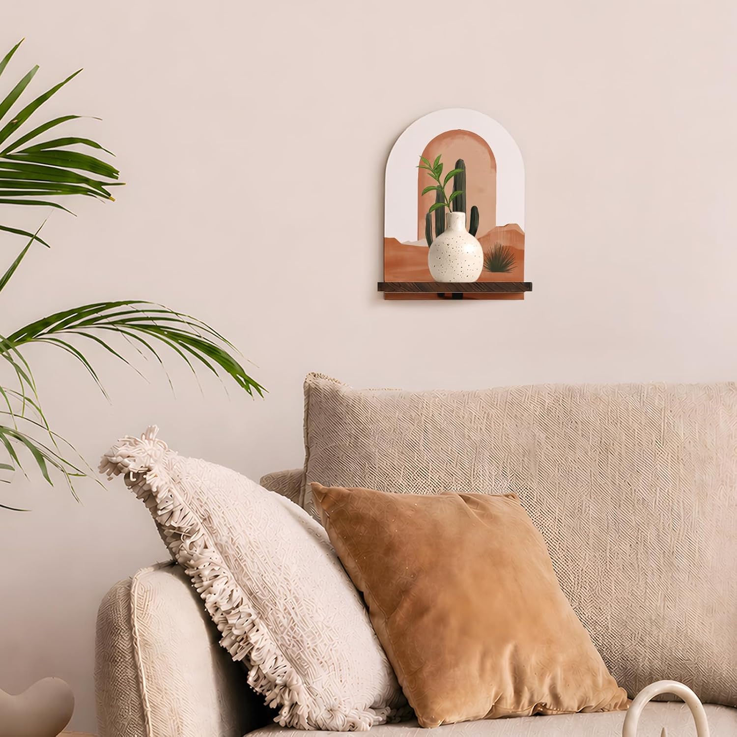 Boho Southwest Cactus Arched Wall Shelf Decor, Vinatge Western Minimalist Cactus Wooden Floating Shelves, Southwestern Boho Sun Hanging Wall Shelves Decor for Bathroom Living Room, 9.45x7.09In